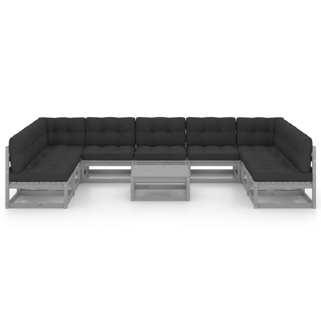 10-tlg. Garten-Lounge-Set mit Kissen Grau Kiefer Massivholz.